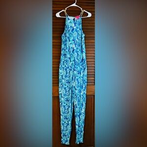 Lilly Pulitzer Jumpsuit Ocean Blues Seahorse and Mermaid with Gold Chain